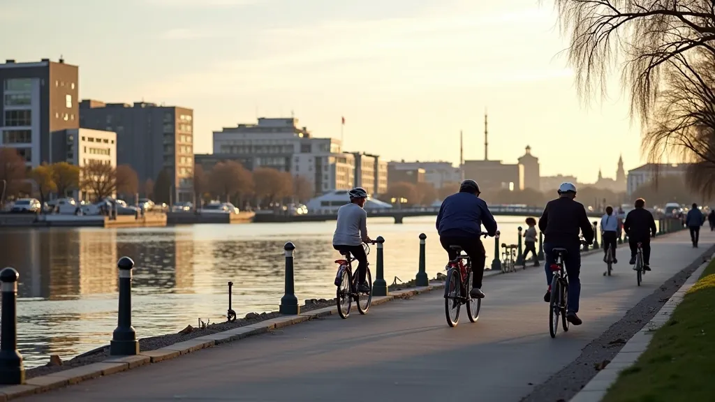 Cork Marina waterfront path with modern cyclists riding along the river, evening light, calm water reflections