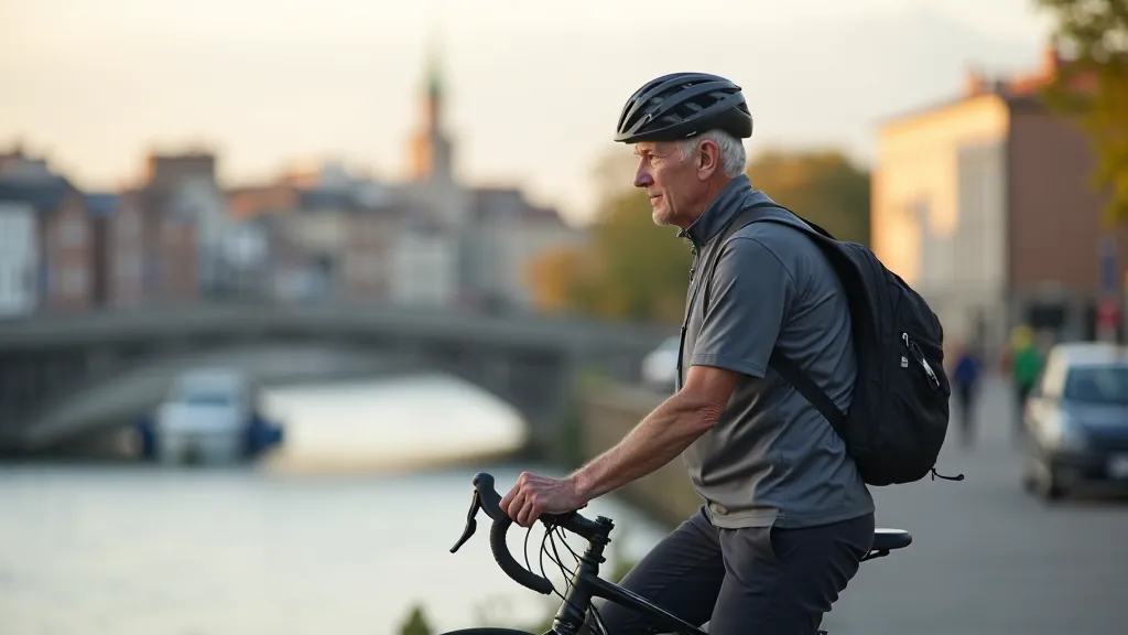 Cyclist pausing at riverside viewpoint with river reflections and historic buildings in Cork backdrop