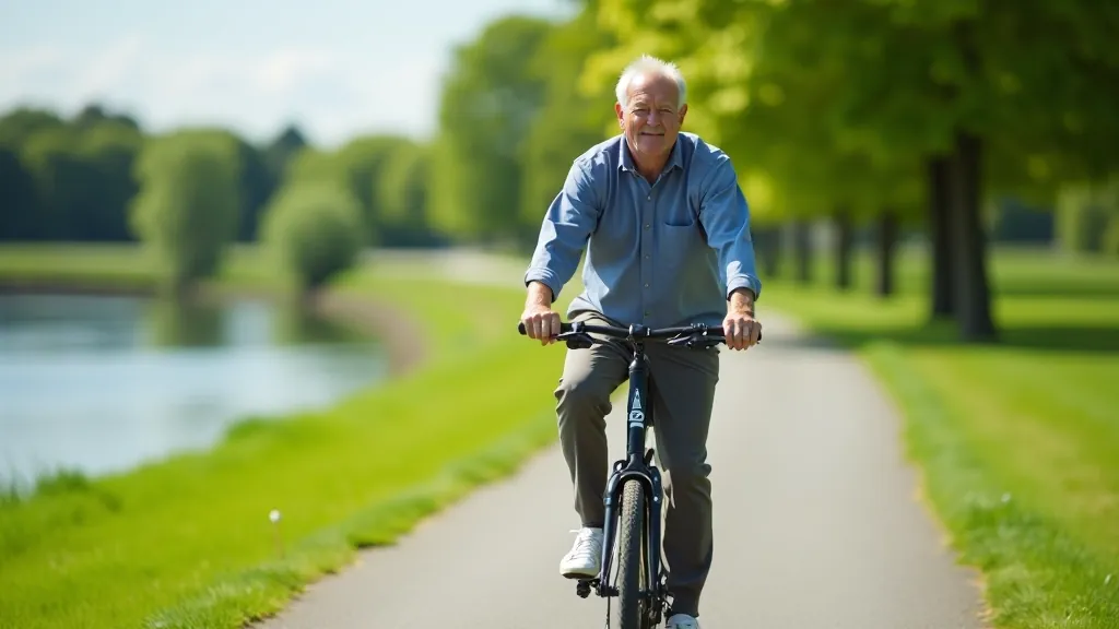Cyclist riding on smooth paved waterfront path with river views and green landscaping on both sides
