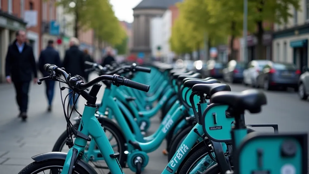Rental bike docking station in Dublin city center, showing multiple e-bikes parked in organized rack, street view