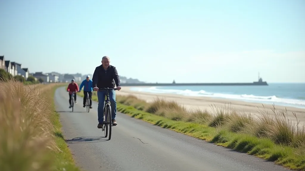 Galway Salthill promenade with cyclists riding along the coastal path, ocean view, seaside town atmosphere