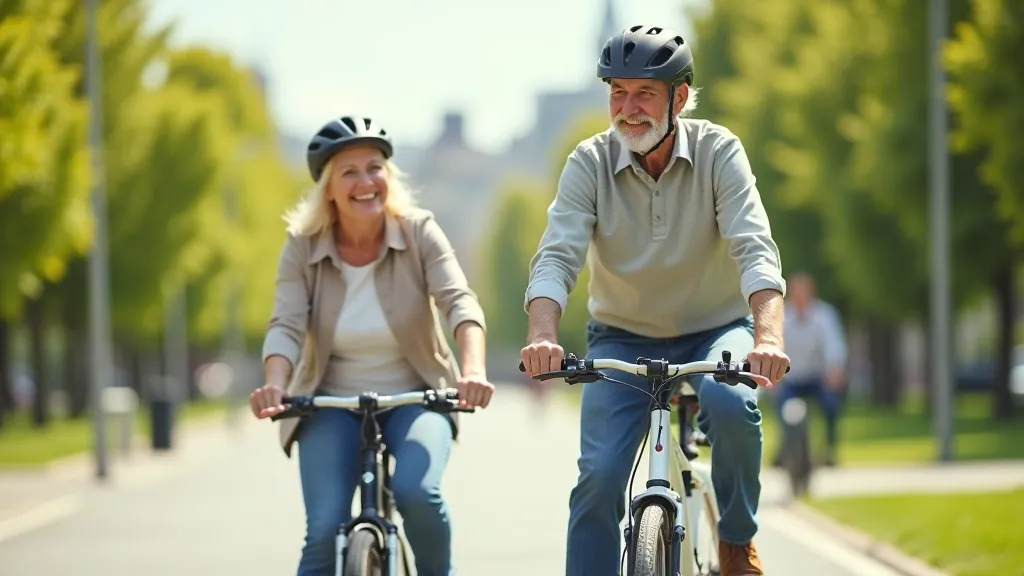 Active senior cyclists enjoying a ride through a scenic Dublin park pathway