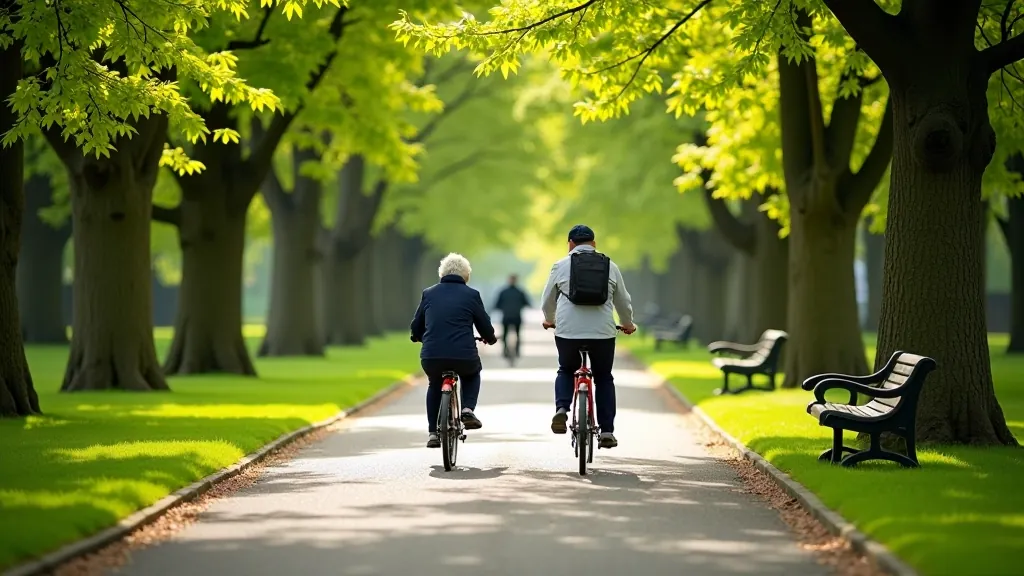 Scenic view of St Stephen's Green park in Dublin with tree-lined paths and cyclists riding peacefully