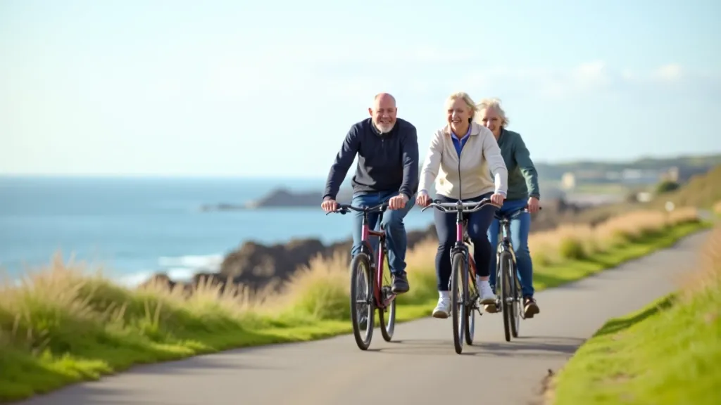Seniors cycling along Irish coastal path