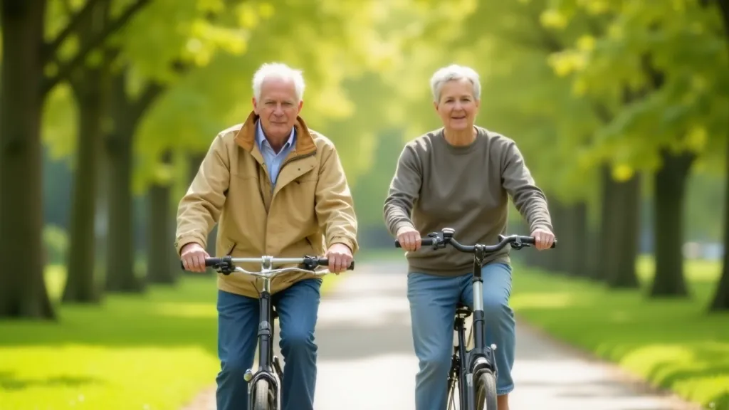 Seniors cycling together on a peaceful Dublin city park path with green trees and clear skies
